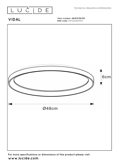 Lucide VIDAL - Plafonnier - Ø 48 cm - LED Dim. - 1x38W 2700K - Noir - technique
